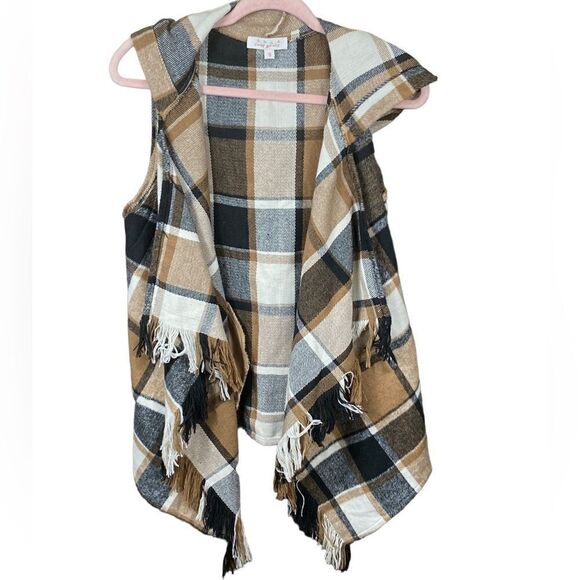 Sweet Generis Wm’s Sz Sm Brown Tan Peyton Plaid Sleeveless Hooded Poncho Sweater - Picture 1 of 3